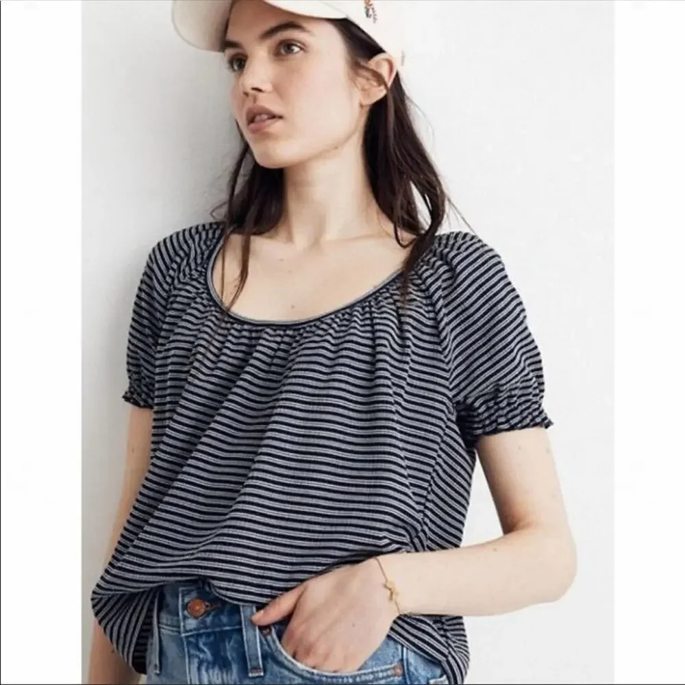 Madewell Texture & Thread Navy Stripe Peasant Top - Picture 4 of 13